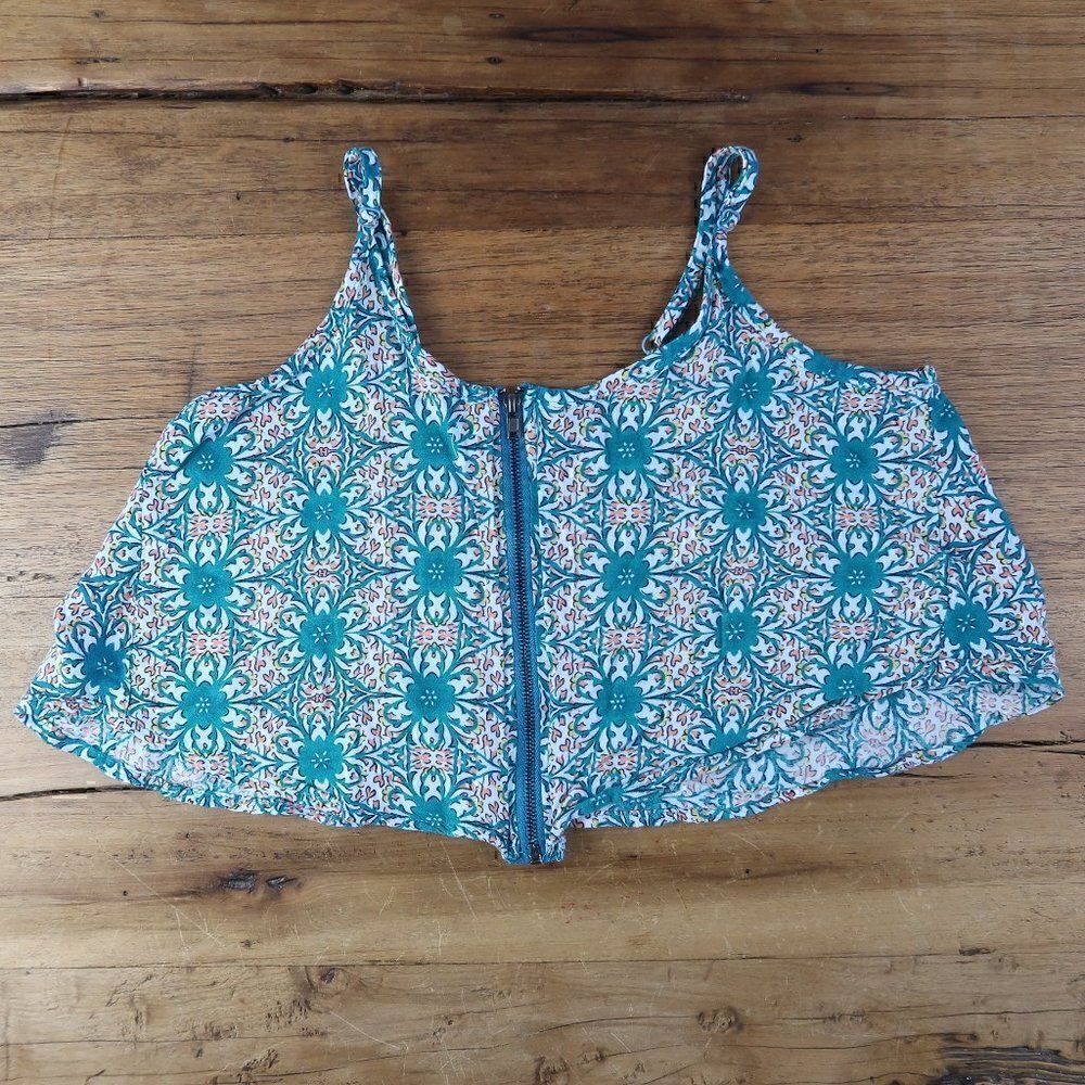 PAPER TEE TEAL FLORAL SPAGHETTI STRAP FULL ZIP CROP TOP SIZE SMALL